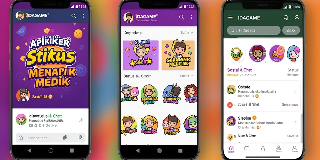 Tampilan antarmuka aplikasi IDAGAME dengan berbagai stiker kreatif.