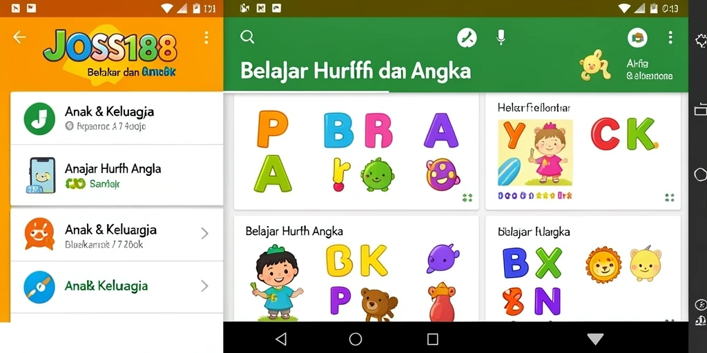 Tampilan antarmuka aplikasi JOSS188 untuk belajar huruf dan angka.