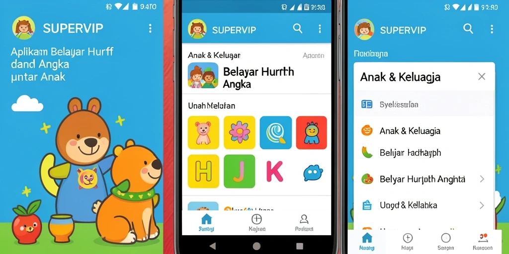 Tampilan antarmuka aplikasi SUPERVIP untuk belajar huruf dan angka.
